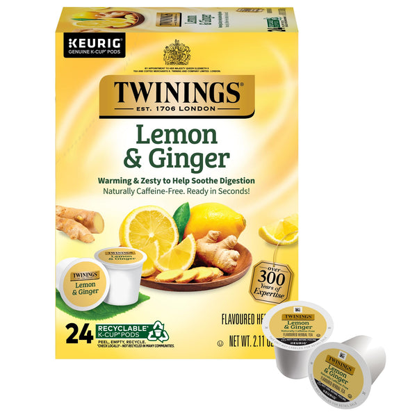 Twinings Lemon & Ginger Herbal Tea K-Cup Pods for Keurig, 24 Count (Pack of 1), Tangy & Spicy, Naturally Caffeine-Free, Enjoy Hot or Iced Lemon &