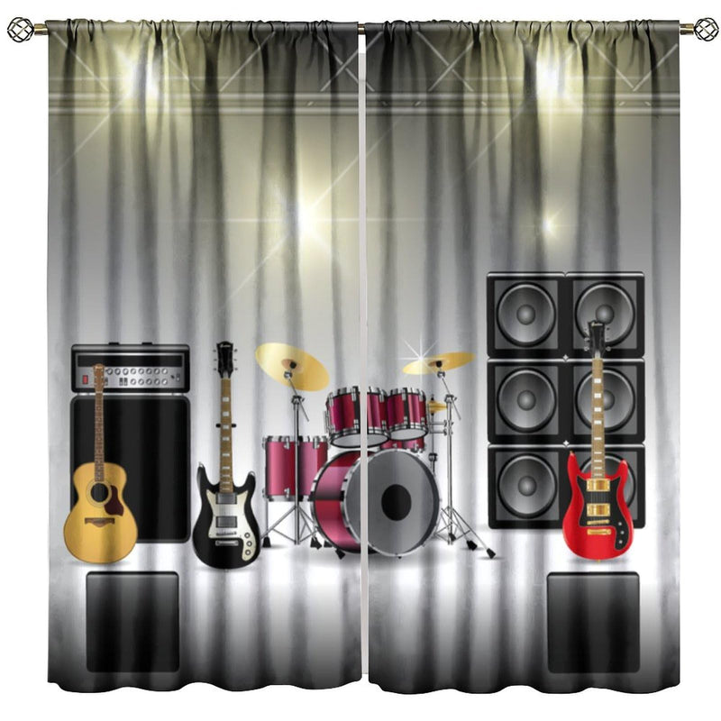 Rock Music Curtains, Teens Boys Electronic Musical Instrument Curtain Guitar Drum Speaker Window Drapes for Bedroom Living Room 42" W X 45" L