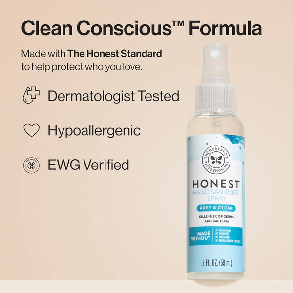 The Honest Company Plant-Based Hand Sanitizer Spray | Kills 99.9% of Germs | Hypoallergenic, Quick-Drying + Moisturizing | Fragrance Free, 2 Fl Oz