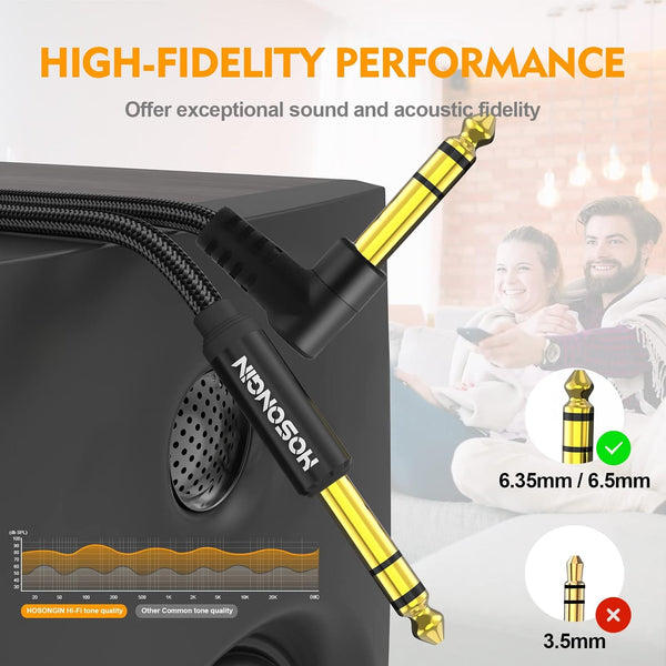HOSONGIN 1/4 Inch TRS Instrument Cable 15 feet 2-Pack, Straight-to-Right Angle 6.35mm Male Stereo Audio Cord, Balanced Interconnect Line for
