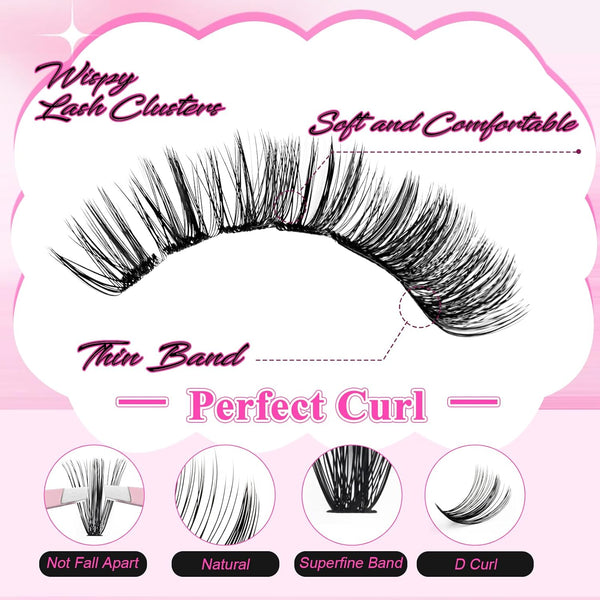 FADLASH DIY Lash Extension Kit Individual Lashes Cluster D Curl Eyelash Extension Kit with Lash Bond and Seal and Lash Applicator Tool for Self