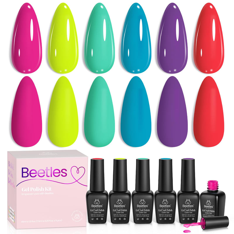 Beetles Neon Gel Nail Polish Set, 6 Colors Gel Polish Set | Hot Pink Blue Yellow Green Purple Shades, Soak-Off UV LED, Long-Lasting Nails Art for