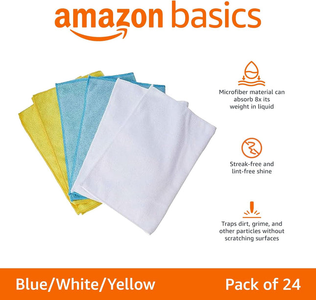 Amazon Basics Microfiber Cleaning Cloths, Ultra Absorbent, Lint Free, Streak Free, Non-Abrasive, Reusable and Washable, 