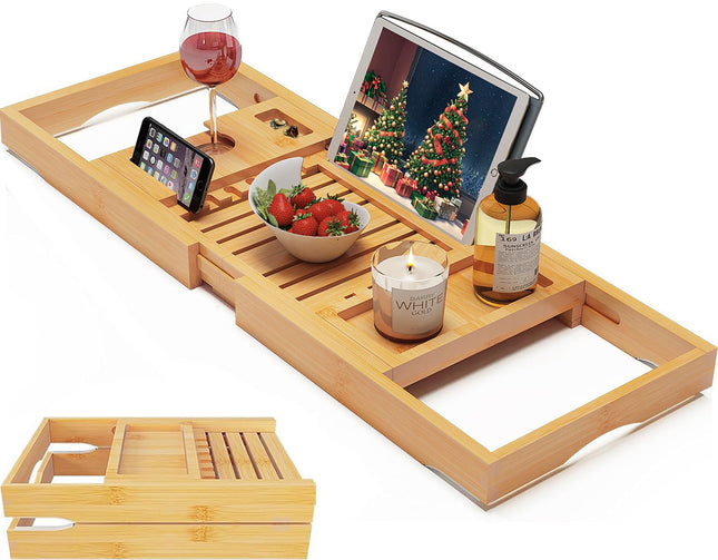 Foldable Bamboo Bathtub Caddy Tray Expandable for Luxury Bath, Bath Accessories & Table with Wine Glass Holder, Book Sta