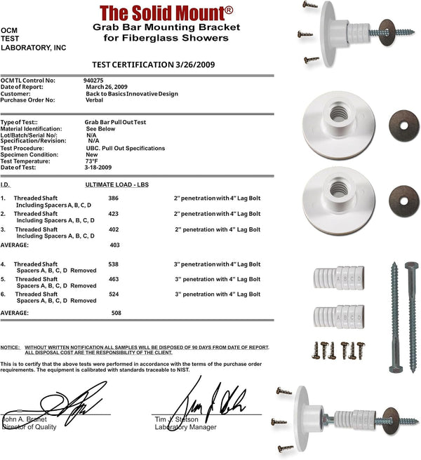 Grab Bar Mounting Kit for Fiberglass Showers - The Solid Mount Made in USA | Anchors directly into a wall stud. One-piece spacer helps prevent