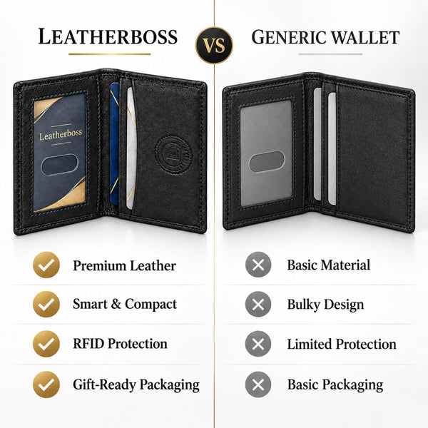 Leatherboss Genuine Leather Small Slim Bifold Wallet | Credit, Debit, ID Card Holder | Compact & Stylish with Clear ID Windows | Gift for Men, Black
