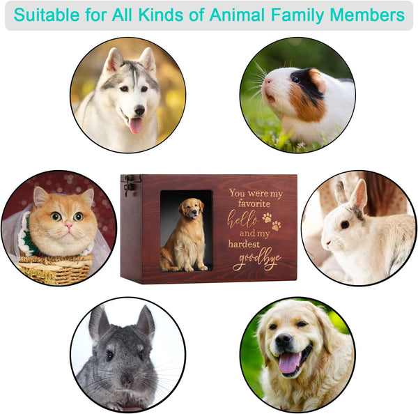 Pet Memorial Urns for Dog or Cat Ashes, Large Wooden Funeral Cremation Urns with Photo Frame, Keepsake Memory Box with Black Flannel Lining