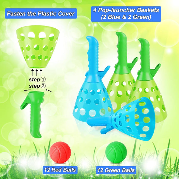 Duckura Outdoor Indoor Game Activities for Kids, Pop-Pass-Catch Ball Game with 4 Catch Launcher Baskets and 24 Balls, Easter Basket Stuffers Gifts