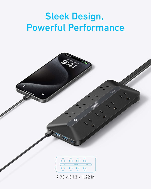 Anker Power Strip, 900J Surge Protector, 35W Max | Flat Plug Extension Cord with Multiple Outlets, 8 AC, 2 USB A, 2 USB C, 5ft Outlet Extender,