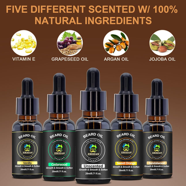XIKEZAN 5 Pack Beard Oil Set W/Sandalwood,Orange,Vanilla,Cedarwood,Christmas Sto