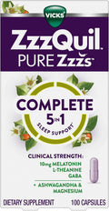 ZzzQuil Pure Zzzs Complete Sleep, Melatonin 10mg, L-Theanine, GABA, with Ashwagandha, and Magnesium, Melatonin Sleep Aid, 100 Count 100 Count