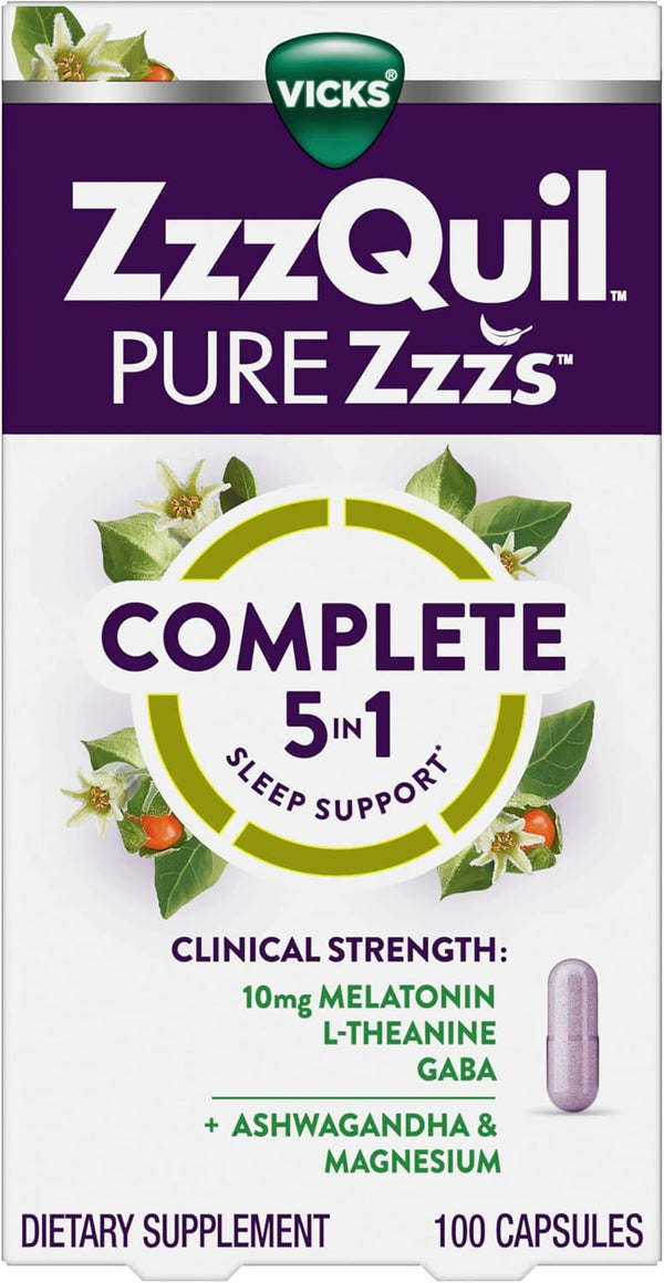ZzzQuil Pure Zzzs Complete Sleep, Melatonin 10mg, L-Theanine, GABA, with Ashwagandha, and Magnesium, Melatonin Sleep Aid, 100 Count 100 Count
