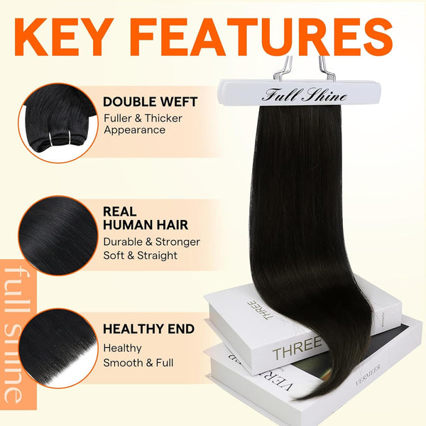Full Shine Weft Hair Extensions Human Hair Jet Black Straight Human Hair Bundles For Women Sew In Hair Extensions Real Hair Weft Extensions Soft