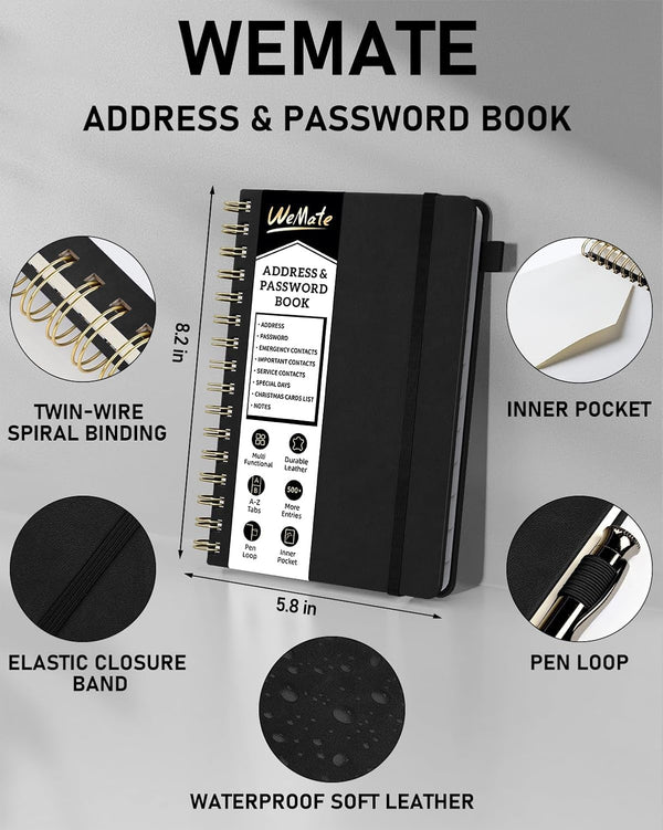 WEMATE Spiral Address Book with Alphabetical Tabs, Leather Password Book, Address Organizer Telephone Notebook Journal Keep Contact Safe Hardcover