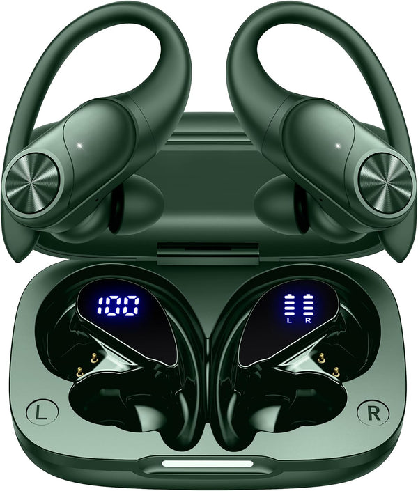 Pocbuds Bluetooth Headphones Wireless Earbuds 80Hrs Playtime Wireless Charging Case Digital Display Sports Ear Buds with Earhook Deep Bass IPX7