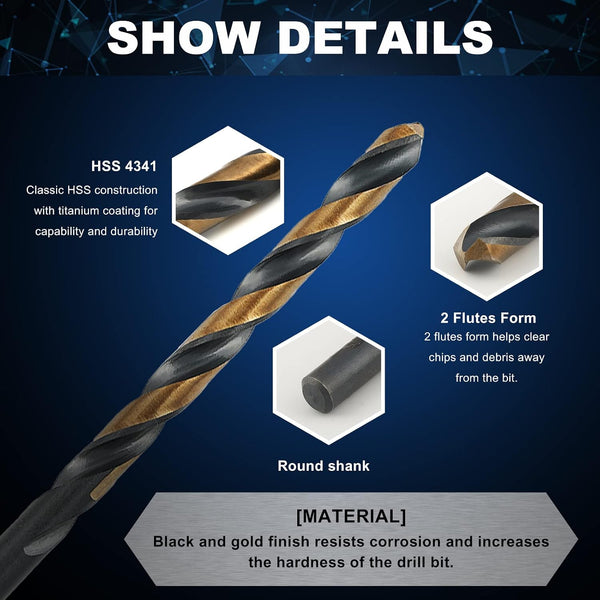 COMOWARE 60pcs Number Drill Bit Set, Wire Gauge to #60, HSS M2 Drill Bit, 135° Split Point, Black and Gold Coated, Drill Bit Set for