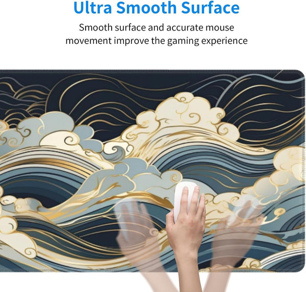 Abstract Japanese Ocean Waves Gaming Mouse Pad XL, Large Non Slip Rubber Mousepad, Stitched Edges Mouse Pads, Long Extended Mouse Pad,31.5'' X 11.8''