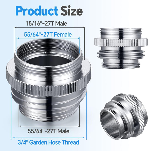 Brass Faucet Adapter, Kitchen Sink Faucet Adapter to Garden Hose, Multi-Thread Garden Hose Adapter for Female to Male, Chrome Finished