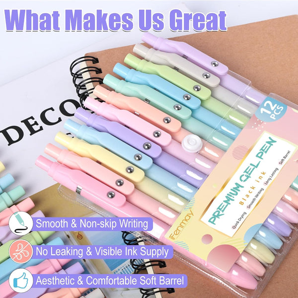 Fenmay Gel Pens, 12 Pcs 0.5mm Fine Point Aesthetic Pens, Quick Dry No Smudge, Smooth Writing Comfortable Grip Pen, Cute Black Ink Journaling Pens