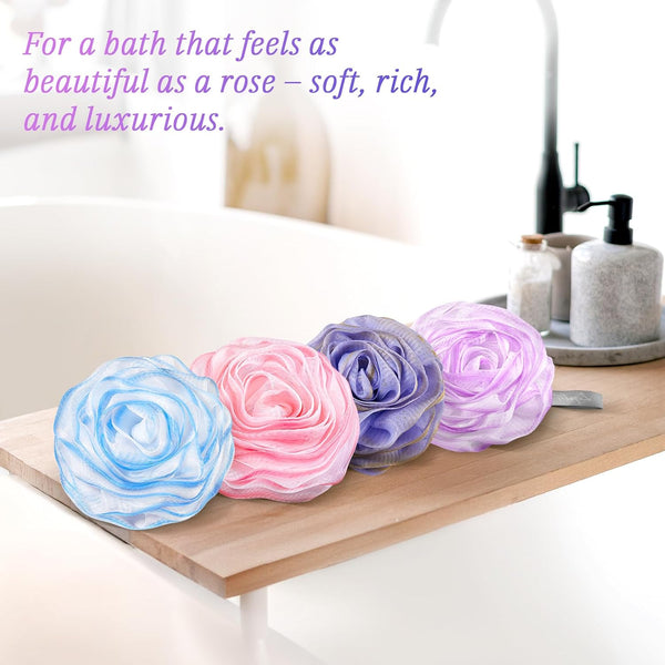 LAYUKI Bath Loofah, Shower Sponge, Body Scrubber, Rose-Shaped, Elegant (Set of 4 Pieces) 4 Pieces Pink & Blue & Purple & Grey