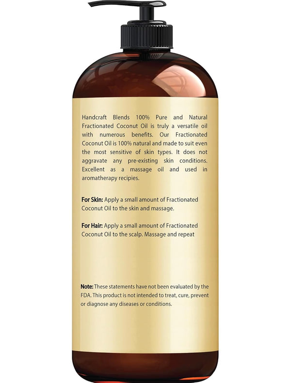 Handcraft Blends Fractionated Coconut Oil - 16 Fl Oz - 100% Pure and Natural - Premium Grade Carrier Oil for Skin, Hair and Body - Massage - Hair