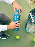 Purifyou Premium 40/32 / 22/12 Oz Glass Water Bottles with Times to Drink and Volume, Silicone Sleeve & Stainless Steel Lid Insert, Reusable for