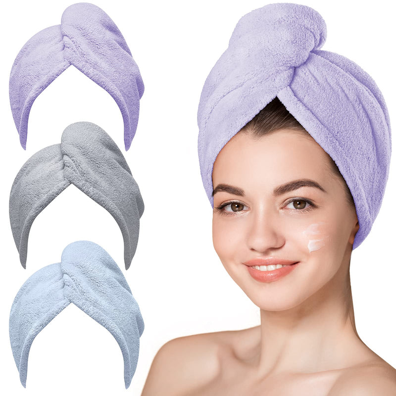 Hicober Microfiber Hair Towel Wrap for Women, Purple Blue Grey, 3-Pack Blue,grey,purple Large