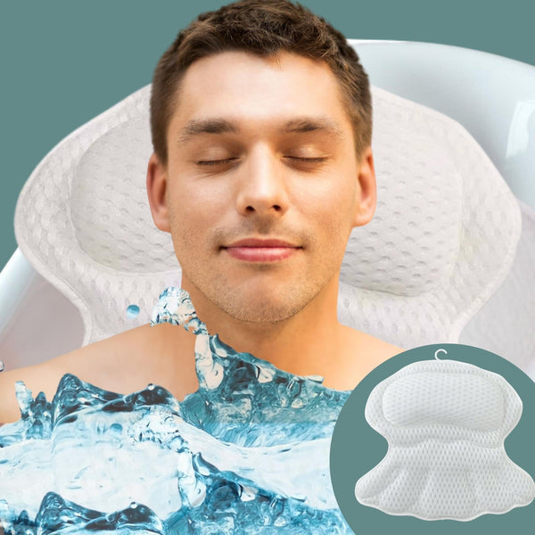 4D Bath Pillow with 6 Strong Non-Slip Suction Cups, Wooven Handle Bag, Loofah, Shower Cap, Foot Filer, and Laundry Bag - Luxury Bathtub Pillow -