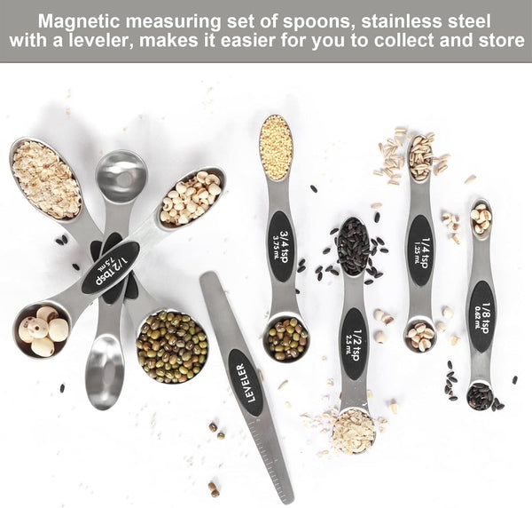 Magnetic Measuring Spoons Set Stainless Steel with Leveler, Stackable Metal Tablespoon Measure Spoon for Baking, Cups and Spoon Set Kitchen