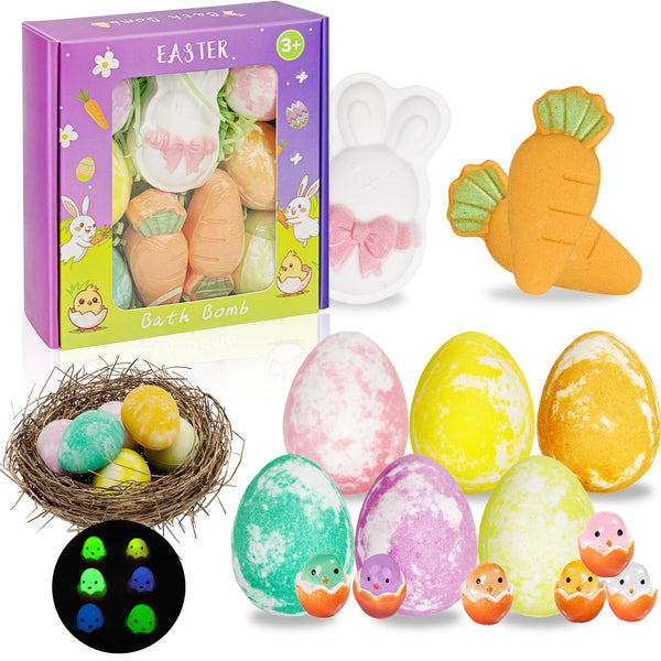 Easter Bath Bombs with Surprise Inside: 9 Pcs Natural Organic Egg Bunny Shaped Basket Stuffers for Kids Girls Boys Bubble Bathbombs Fruit Scented