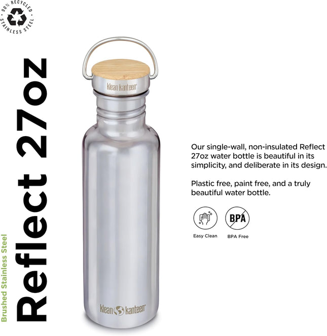 Klean Kanteen 27 Oz Reflect Water Bottle with Bamboo Cap - Reusable Water Bottle