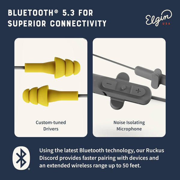 Elgin Ruckus Wireless Bluetooth Earplug Headphones, 25 dB NRR, Noise Canceling Mic, 12-Hour Battery, IP65 Sweatproof, Compliant with OSHA Hearing