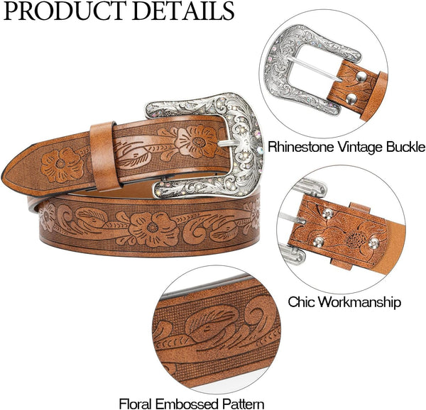 FGSS Women-Western-Leather-Belts - Vintage-Western-Cowboy Embossed-Belts with Retro-Engraved-Buckle for Jeans Pants Brown-carved Belt Fit for