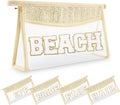 Small Boho Straw Clear Beach Makeup Bags for Women&Girls, Zipper Cosmetic Bag Chenille Varsity Letter Patch Bag, Preppy Cute Toiletry Pouch,