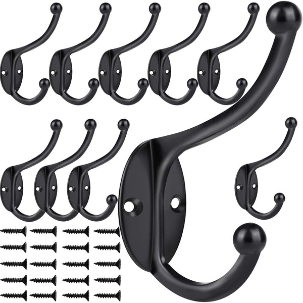 ZEYU Wall Hooks,10Pcs Coat Hooks Hardware Towel Hooks for Hanging Coats Double No Rust Black Robe Hooks Wall Mounted with Screws for Key, Towel,