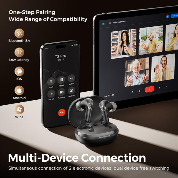 Soundpeats T3 Pro Wireless Earbuds, 12Mm Drivers Bass Stereo in Ear Headphones, Bluetooth 5.4, 28Hrs Playtime, Call Noise Cancellation, IPX4