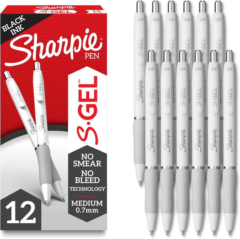 Sharpie S-Gel , Drawing, Ink Pens for Journaling, Writing, Coloring, Medium Point (0.7Mm), Pearl White Body, Black Ink Gel-Pen, 12 Count