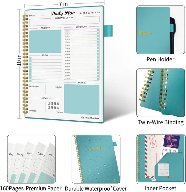 Daily Planner Undated, to Do List Notebook with Hourly Schedule Calendars Meal, Spiral Appointment Organizers Notebook for Man/Women, Pocket,Pen