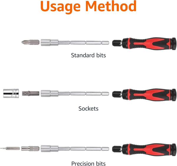 Amazon Basics Magnetic Ratcheting Wrench and Electronics Precision Screwdriver Set, 73 Count (Pack of 1), Black/Red/Silver