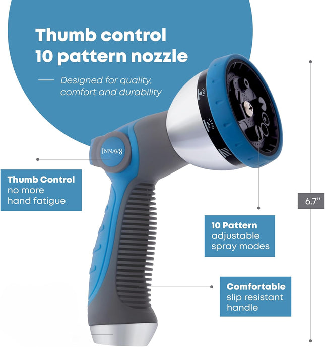 INNAV8 Garden Hose Nozzle Heavy Duty - Features 10 Spray Patterns, THUMB CONTROL On Off Valve Hose Sprayer Nozzle for Ea