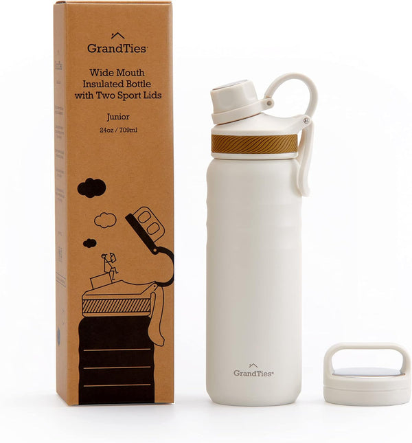 GRANDTIES 2 Lids Sports Stainless Steel Water Bottles – Wide Mouth Vacuum Insulated Reusable Leak Proof BPA-Free Travel Metal Canteen, Thermal