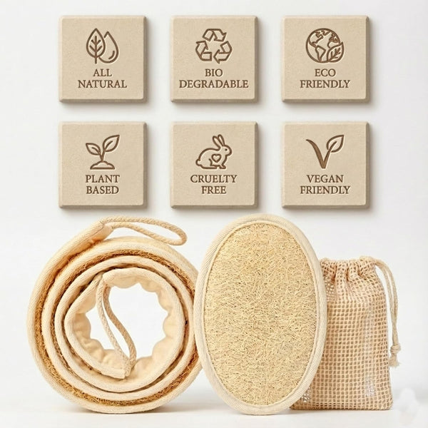 Natural Loofah Bath Set, Exfoliating Luffa Sponge Pads, Back Loofah Scrubber and Sisal Soap Bag. Bath Shower Loofah Sponges for Women and Men, for
