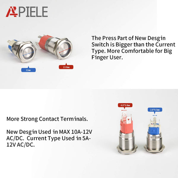 APIELE 10 Amp 16mm Latching Push Button Switch 12V Angel Eye LED Waterproof Round Self-Locking 1NO (Silver Stainless Steel, Blue) Blue Stainless Steel