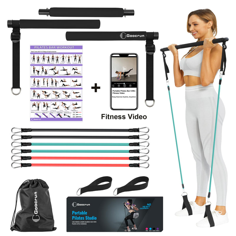 Portable Pilates Bar Kit with Resistance Bands for Men and Women - 3 Set Exercise Resistance Bands - Multifunctional Home Gym - Supports Full-Body