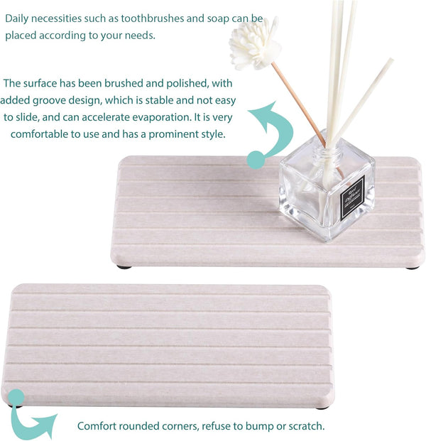 NiuYichee 2 PCS Water Absorbent diatomite Coasters, 8.3" x 4" Water Absorbing Stone Tray for Sink, Stone Drying mat for Kitchen Counter, Stone
