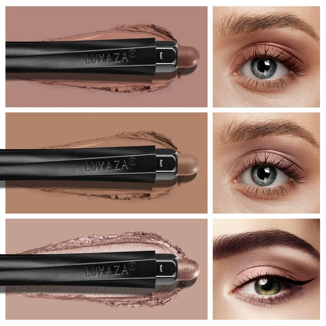 3Pcs Neutral Brown Eyeshadow Stick Set, Matte and Shimmer Creamy Eyeshadow Pencil, Shiny Pink Shadow, Waterproof Long La