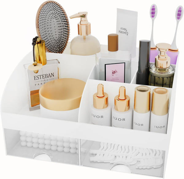 Makeup Organizer with Drawers, Cosmetic Storage for Dresser Vanity and Bathroom Countertop, Beauty Holder for Lipstick Brush, Skincare Organizer
