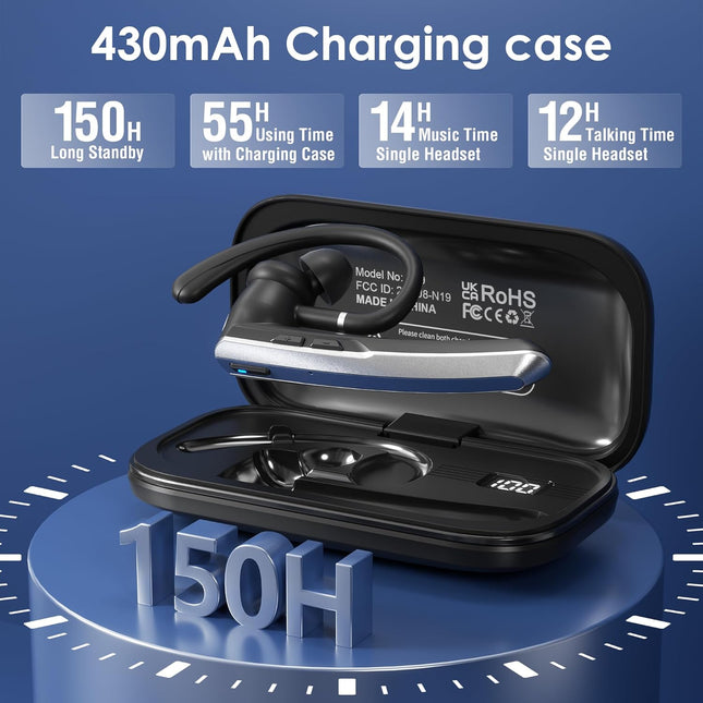 Bluetooth Headset with Microphone, Wireless Earpiece with Charging Case for Cellphones, PC, Single Ear Headset with Mute