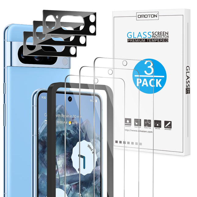 OMOTON for Pixel 8 Pro Screen Protector, 3 Pack for Pixel 8 Pro Tempered Glass, 3 Camera Lens Protector, Fingerprint Sen
