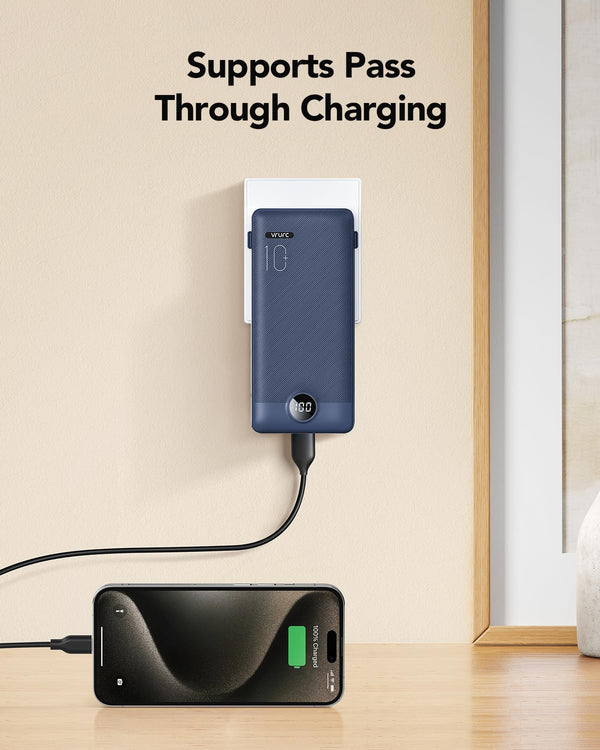 VRURC Portable Charger Built-In Cables and AC Wall Plug, USB C Power Bank 10000Mah, Travel Essentials Phone Charger Compact Lightweight External